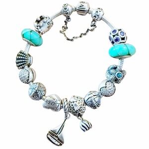 Authentic Rare Retired pandora charm bracelet 13 charm 925 14k Fish Shell Heart